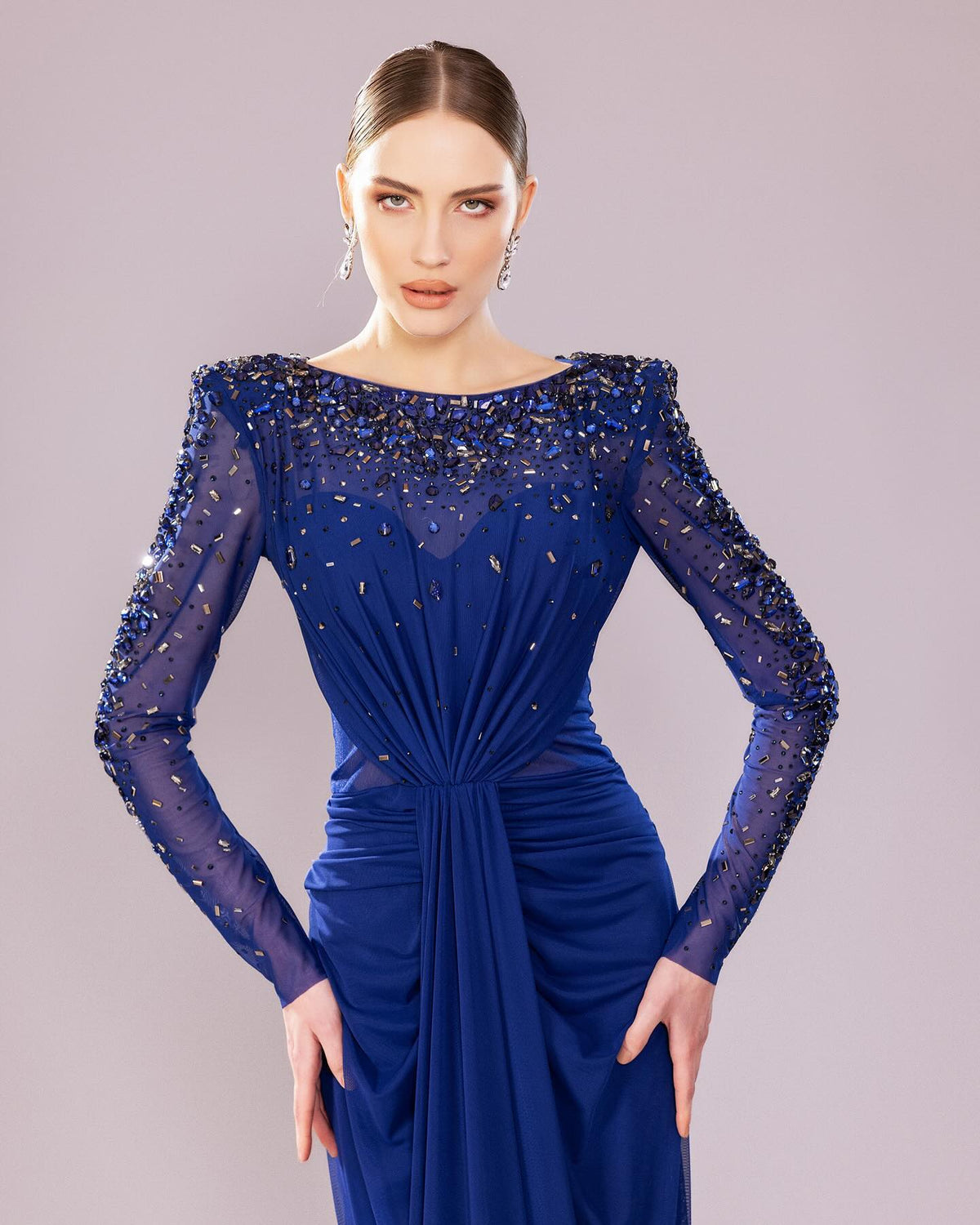 Luxury Fuchsia Beaded Sequin Evening Dress with Long Sleeves SS565 