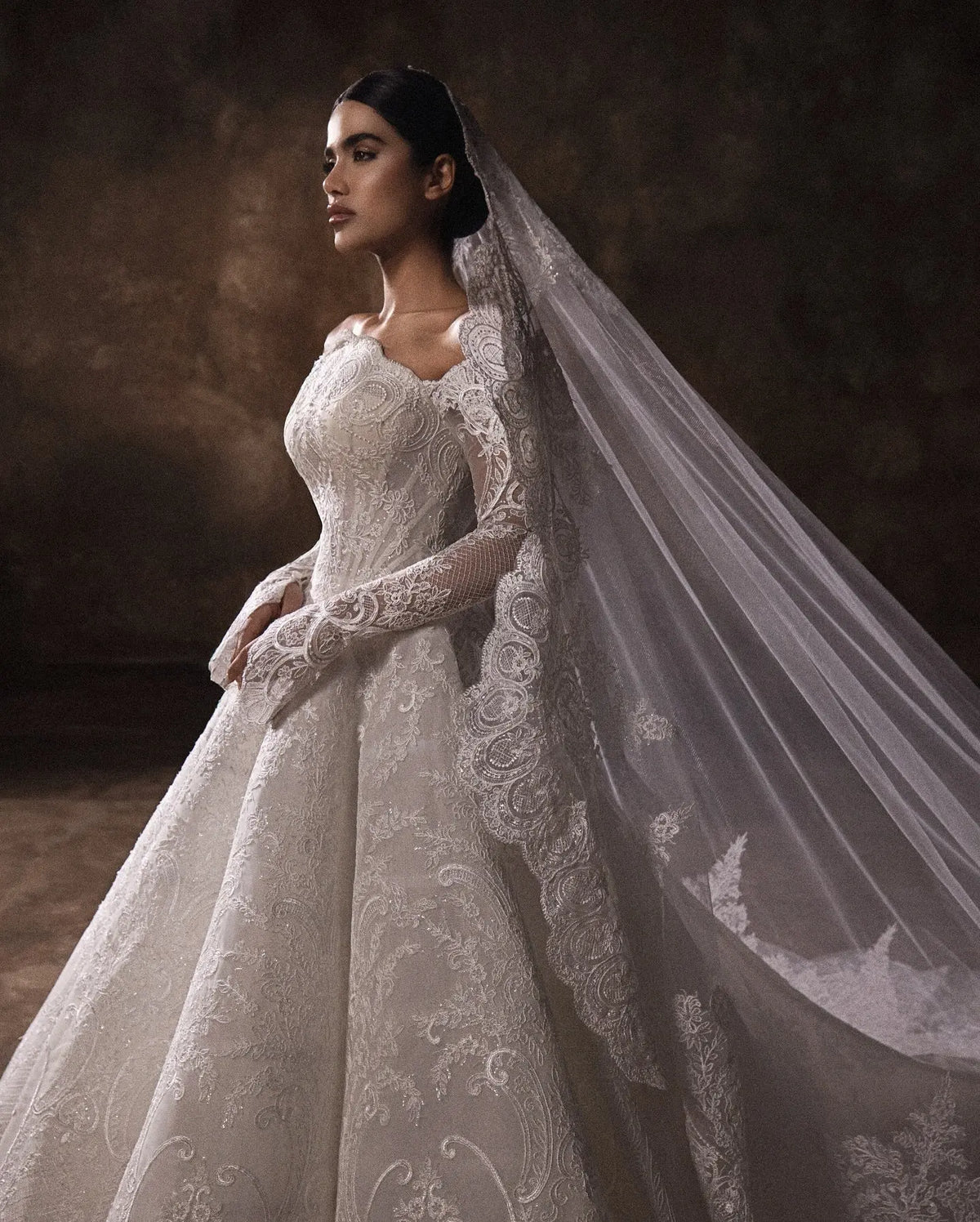 Luxury White Lace Long Sleeve Fitted Train Wedding Dress with Veil SW524 