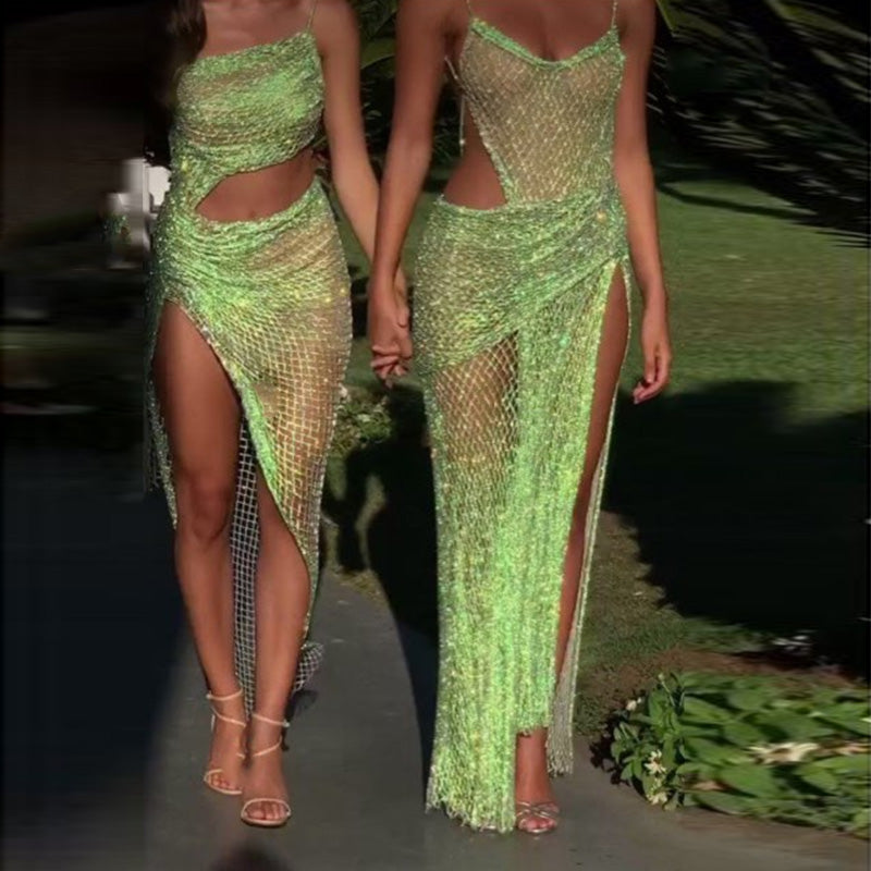 Sharon Said Neno Green Spaghetti High Slit Party Dresses Black Girl African Cocktail Dress RM025