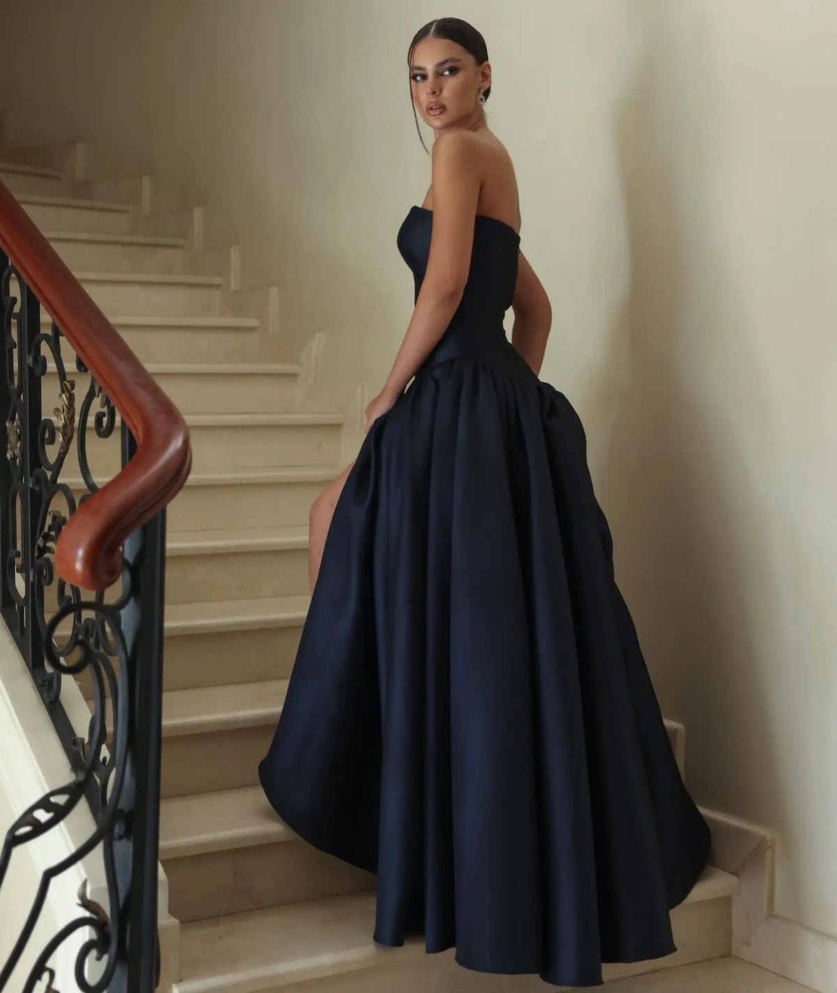 Navy Satin Voluminous Skirt Evening Dress SF480