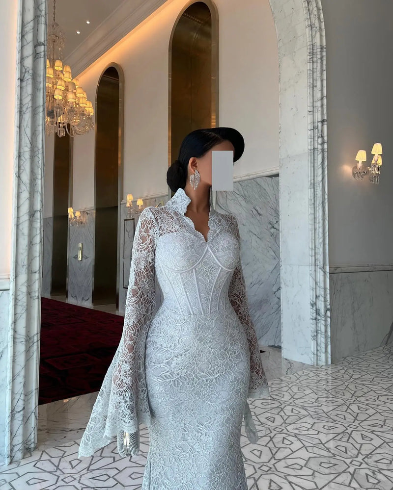 Elegant White Lace Long Sleeve Evening Dress SF122 
