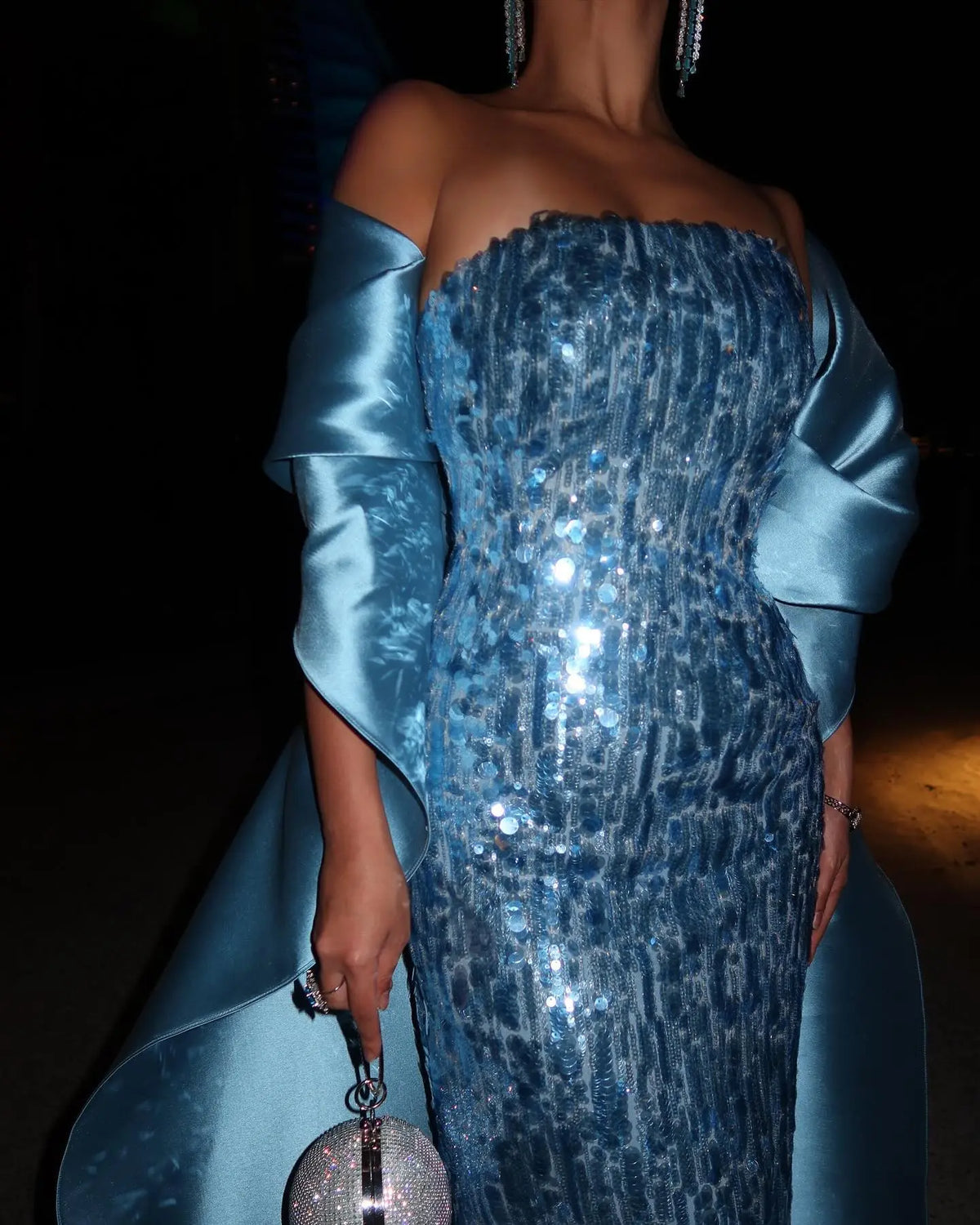 Dreamy Strapless Sequin Evening Dress with Satin Cape Overlay SF165