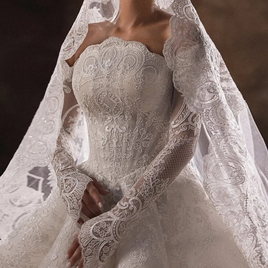 Luxury White Lace Long Sleeve Fitted Train Wedding Dress with Veil SW524 