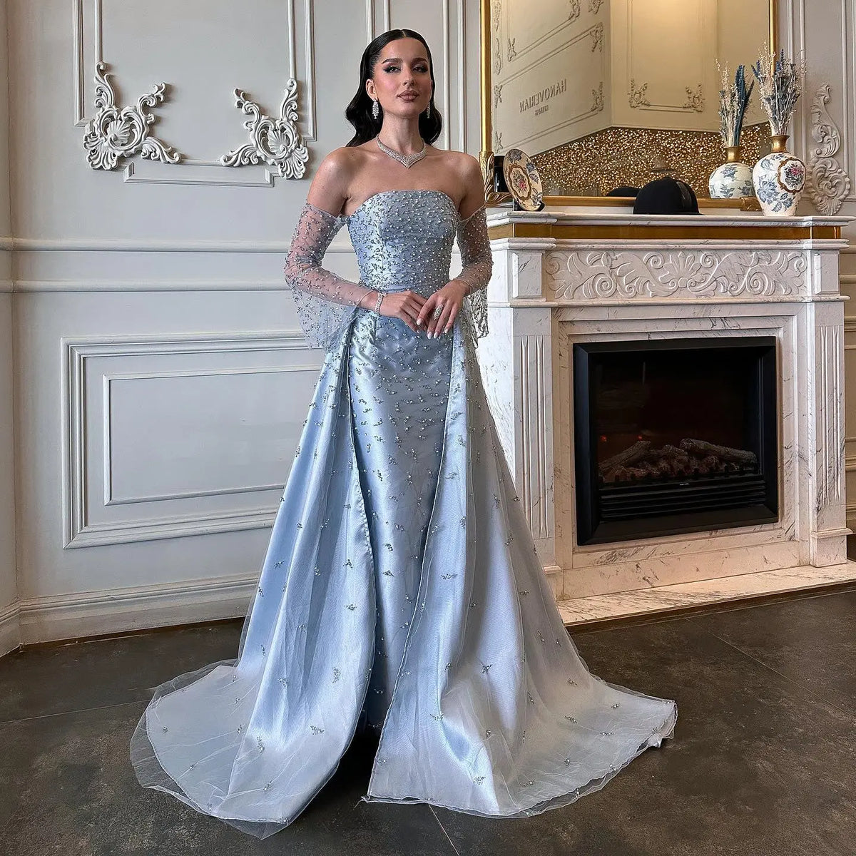 Final Sale Luxury Silver Gray Evening Dress with Overskirt Sleeves SS484 Final Sale Luxury Silver Gray Evening Dress with Overskirt Sleeves SS484