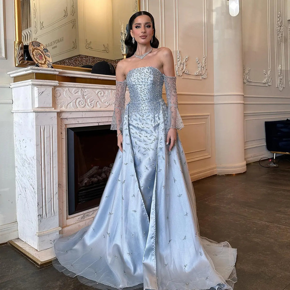 Final Sale Luxury Silver Gray Evening Dress with Overskirt Sleeves SS484 Final Sale Luxury Silver Gray Evening Dress with Overskirt Sleeves SS484