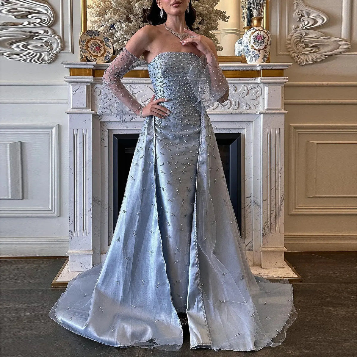 Final Sale Luxury Silver Gray Evening Dress with Overskirt Sleeves SS484 Final Sale Luxury Silver Gray Evening Dress with Overskirt Sleeves SS484