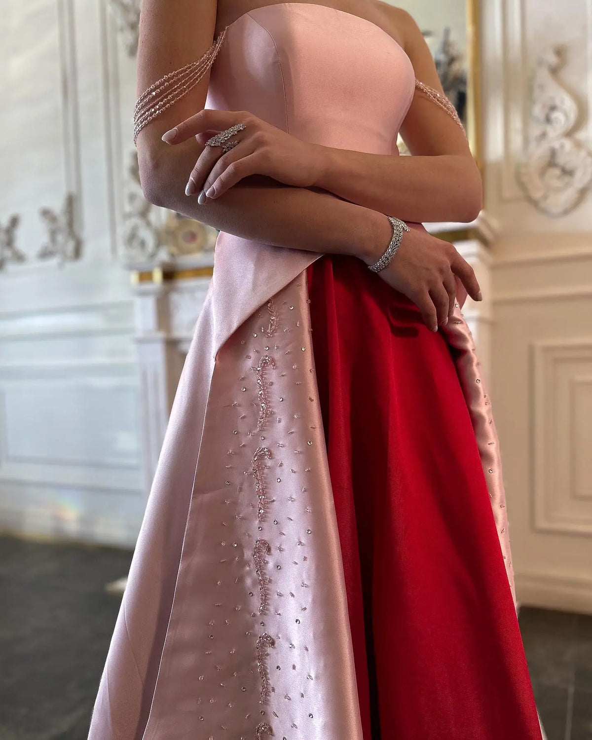 Elegant Strapless Pink and Red Two-Tone Evening Dress SS244 