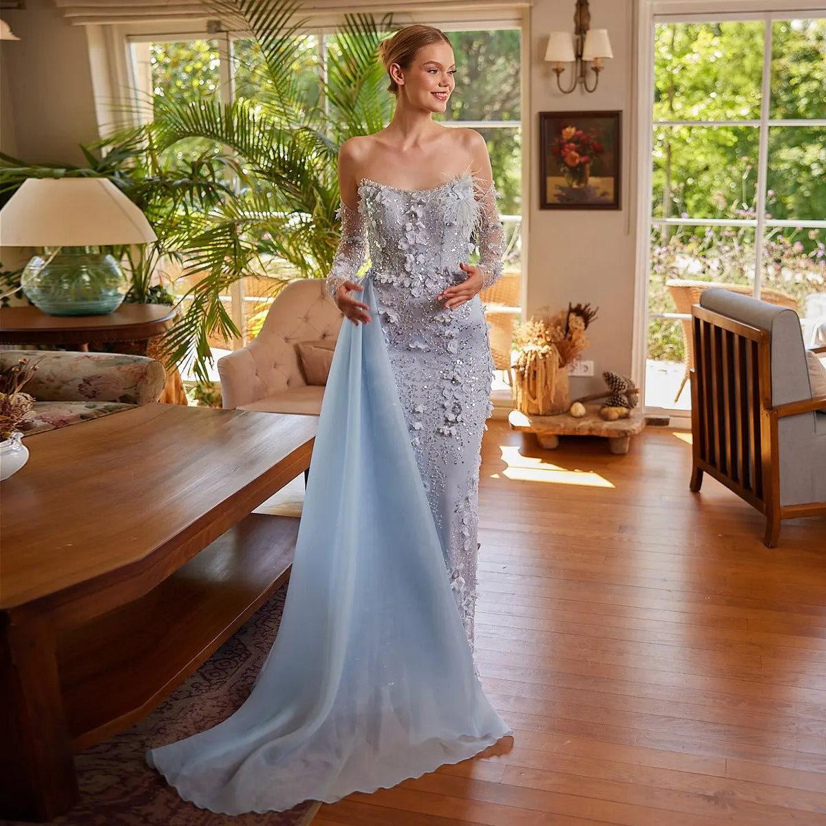 Elegant Blue 3D Flowers Feathers Evening Dress with Sleeves SS342 