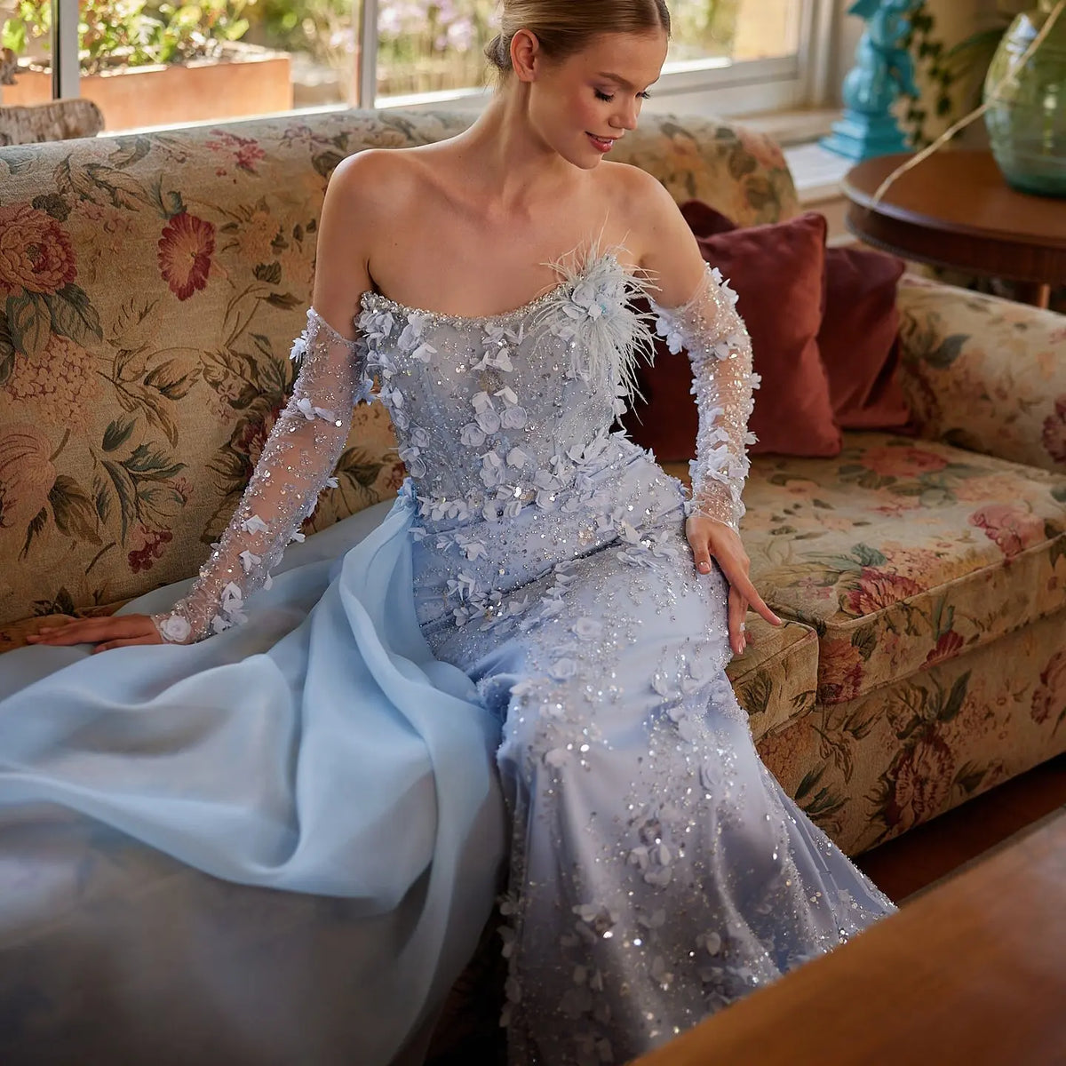 Elegant Blue 3D Flowers Feathers Evening Dress with Sleeves SS342 
