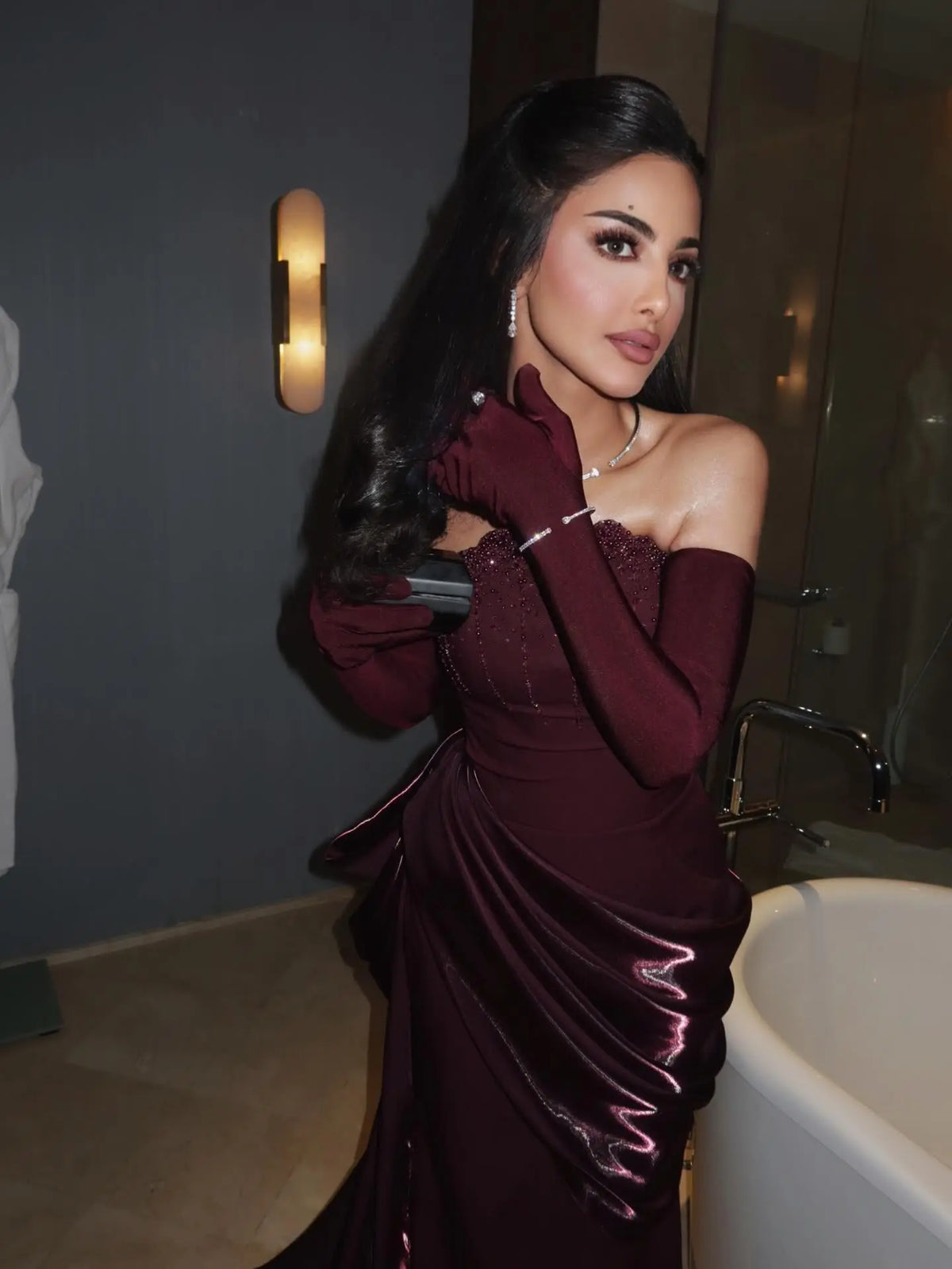 Romantic Burgundy Strapless Beaded Evening Dress with Statement Satin   SHARONSAID