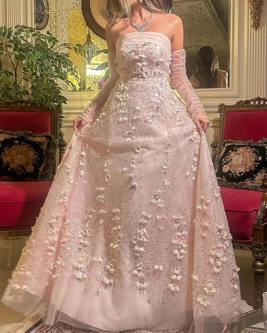 Elegant Pink 3D Flowers Evening Dress with Long Sleeves SS344 
