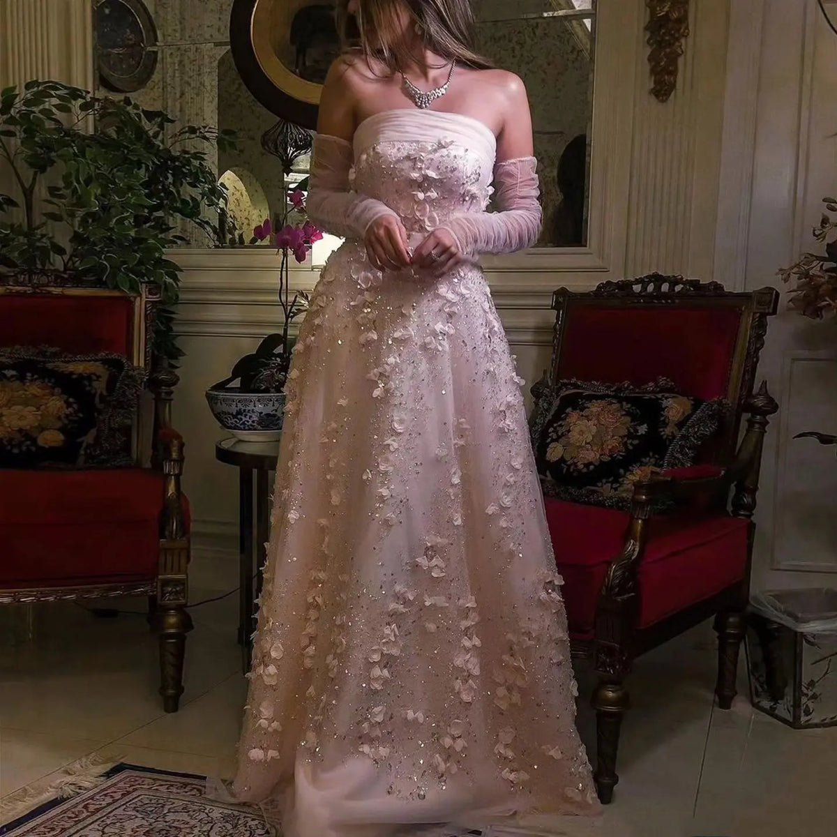Elegant Pink 3D Flowers Evening Dress with Long Sleeves SS344 