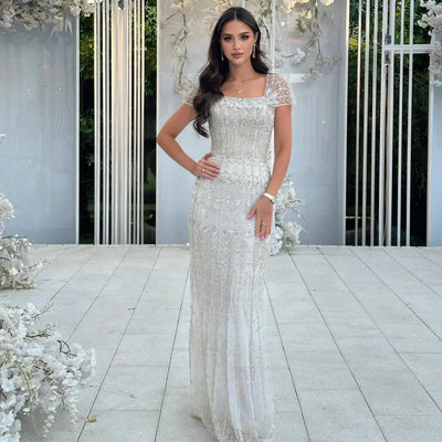 Luxury White Beaded Short Sleeves Evening Dress SS291 