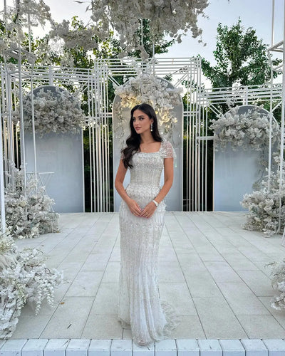 Luxury White Beaded Short Sleeves Evening Dress SS291 