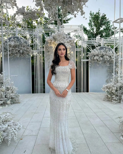 Luxury White Beaded Short Sleeves Evening Dress SS291 