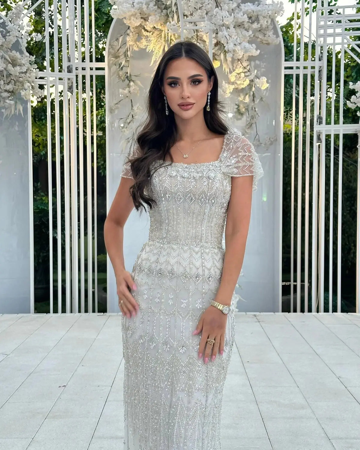 white dress with silver beading Classic A-Line Wedding Dress with Silver Beading