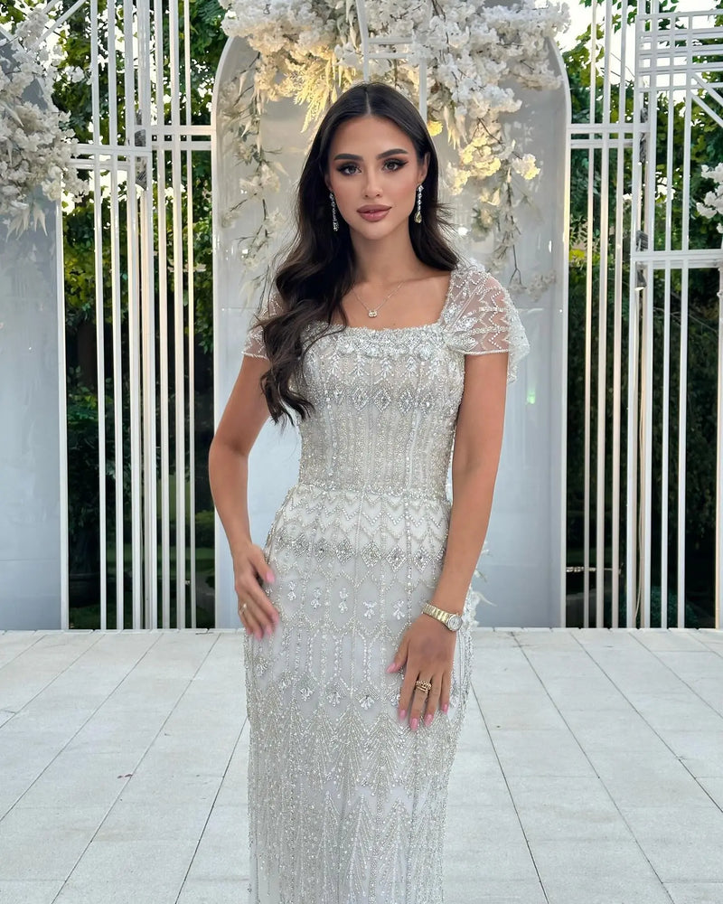 Luxury White Beaded Short Sleeves Evening Dress SS291 