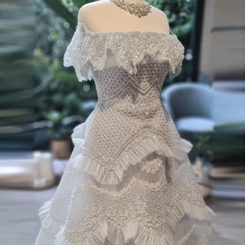 Luxury Silver Gray Off Shoulder Evening Dress SS485 