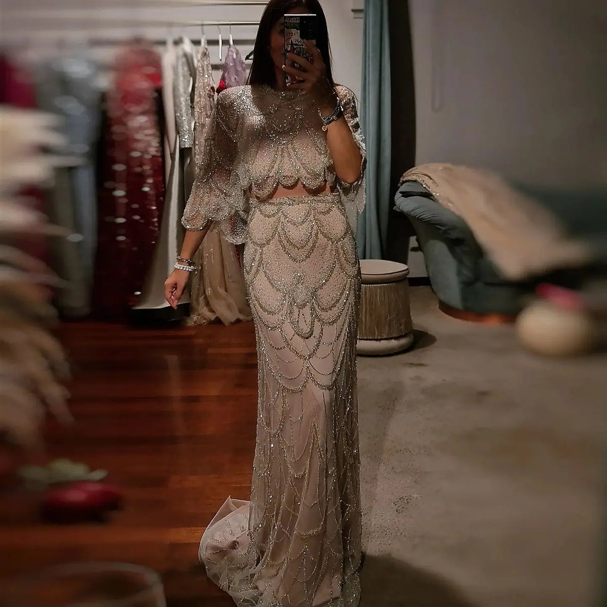 Luxury Beaded Nude Two Pieces Evening Dress SS646 