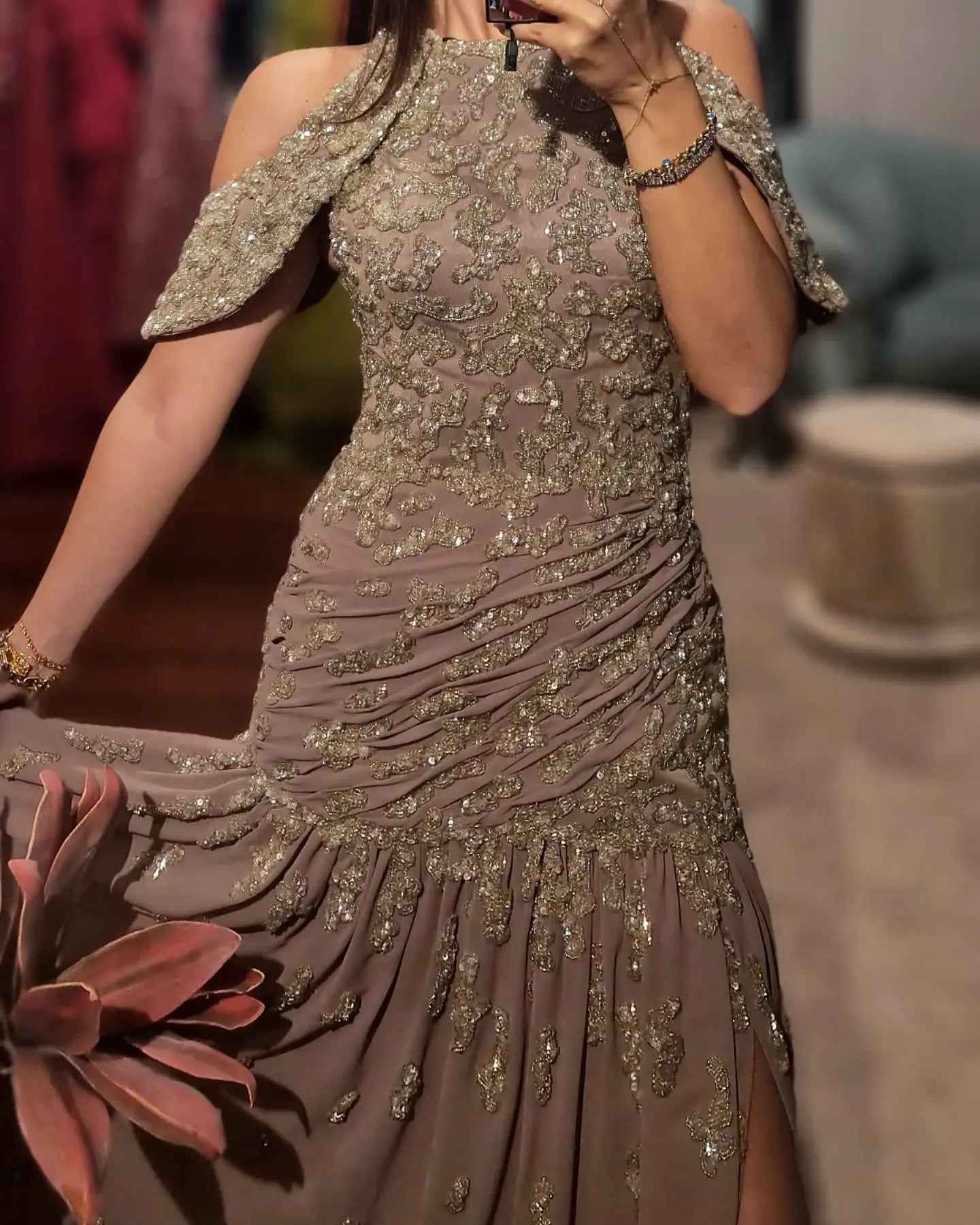 Luxury Beaded Mauve Snap Sleeves Evening Dress SS559 – SHARONSAID