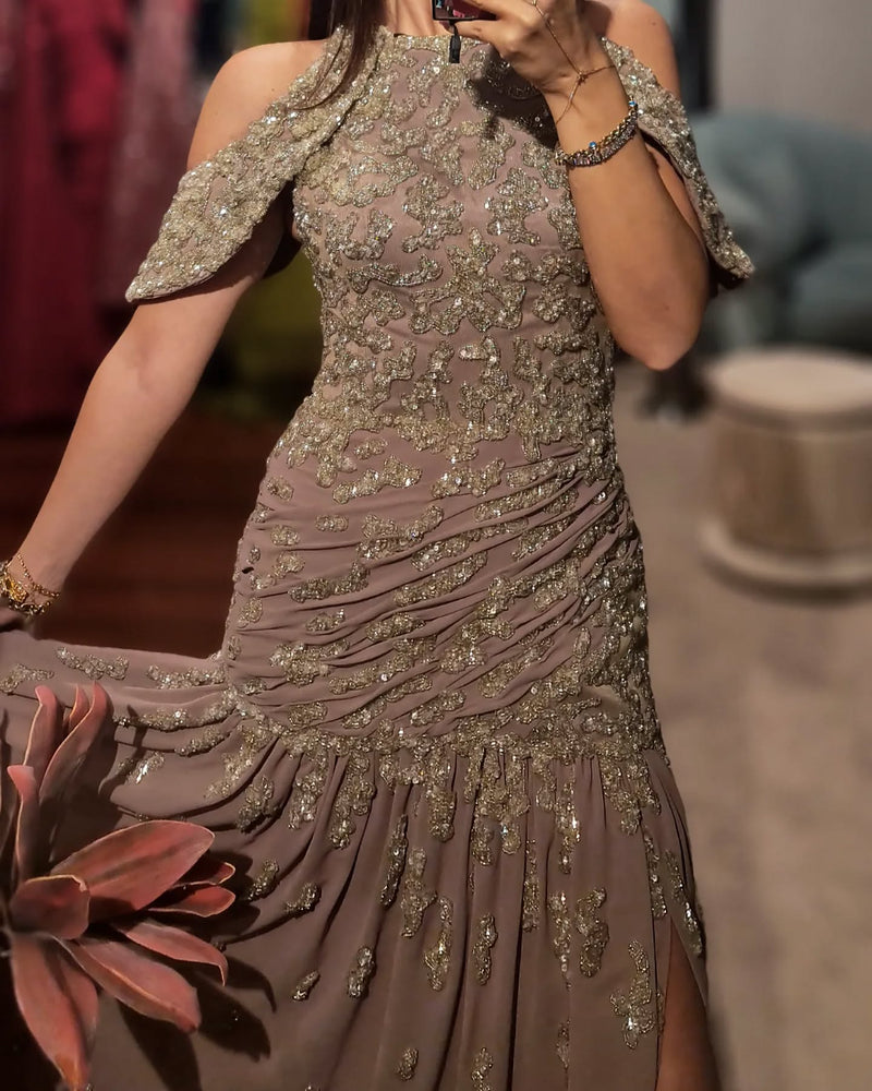 Luxury Beaded Mauve Snap Sleeves Evening Dress SS559