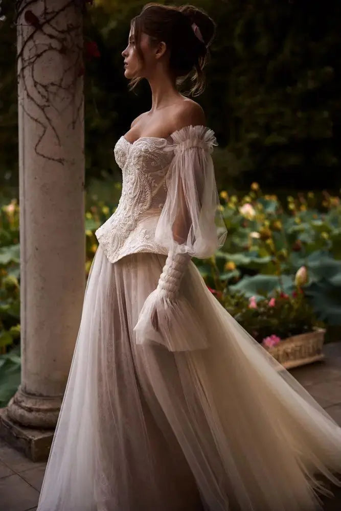 Luxury Off-the-Shoulder Lace Corset Tulle Train Wedding Dress SW126 