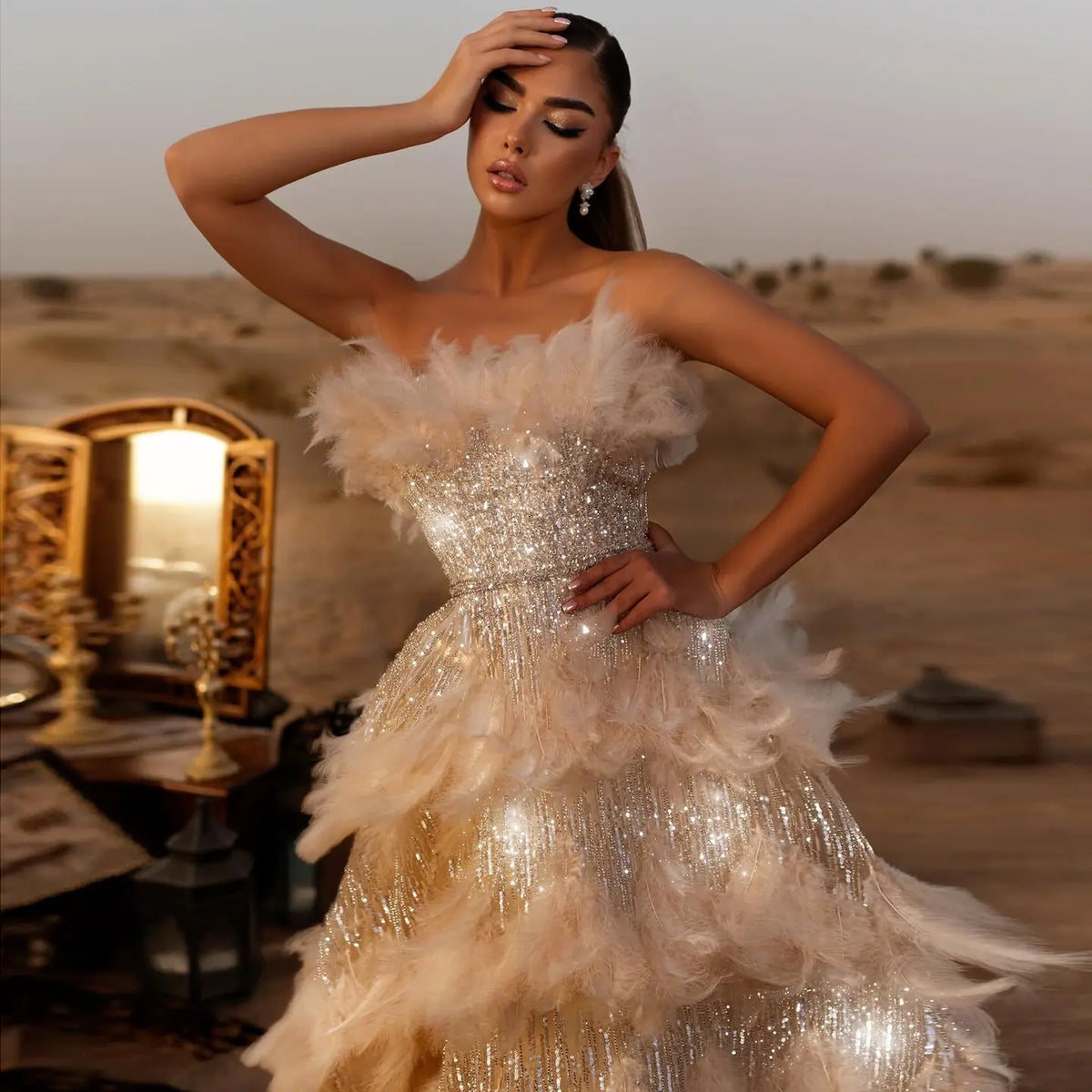 evening dress feathers Ashley Lauren 11359 Formal Dresses White 10 / White