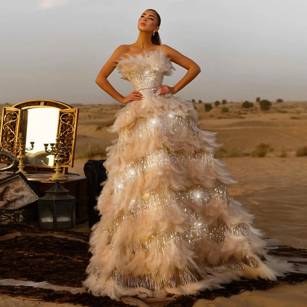 Luxury Feathers Strapless Ball Gown Evening Dress SS732