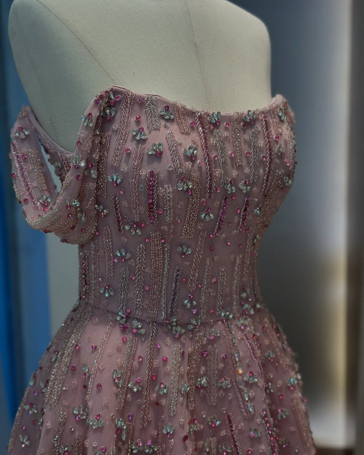 Elegant Pink Sequin Beaded Off Shoulder Evening Dress SS226 