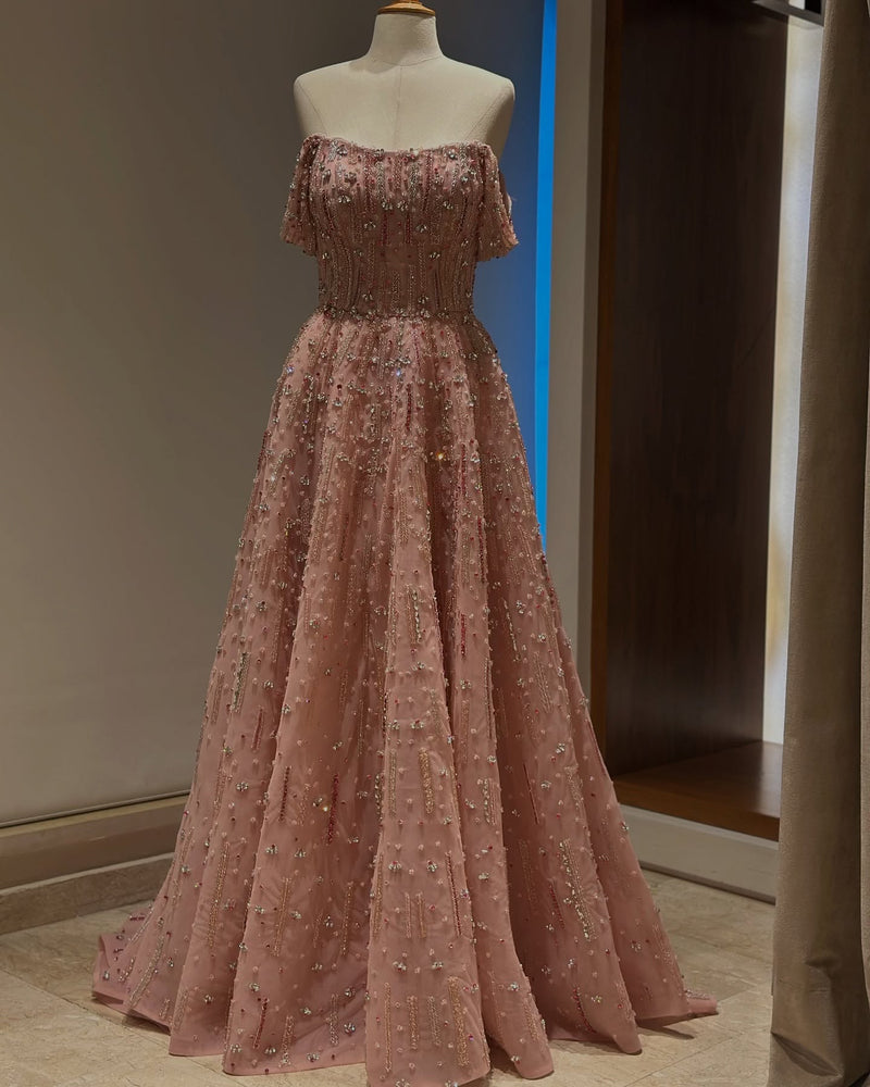 Elegant Pink Sequin Beaded Off Shoulder Evening Dress SS226 