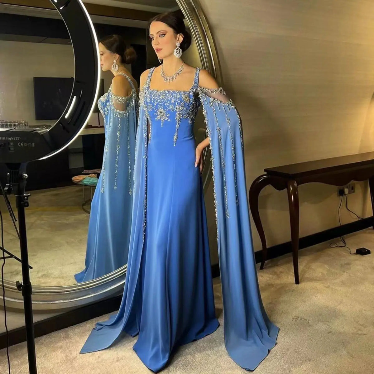 Chic Blue Crystal Evening Dress with Flowing Cape Sleeve SS305 Chic Blue Crystal Evening Dress with Flowing Cape Sleeve SS305