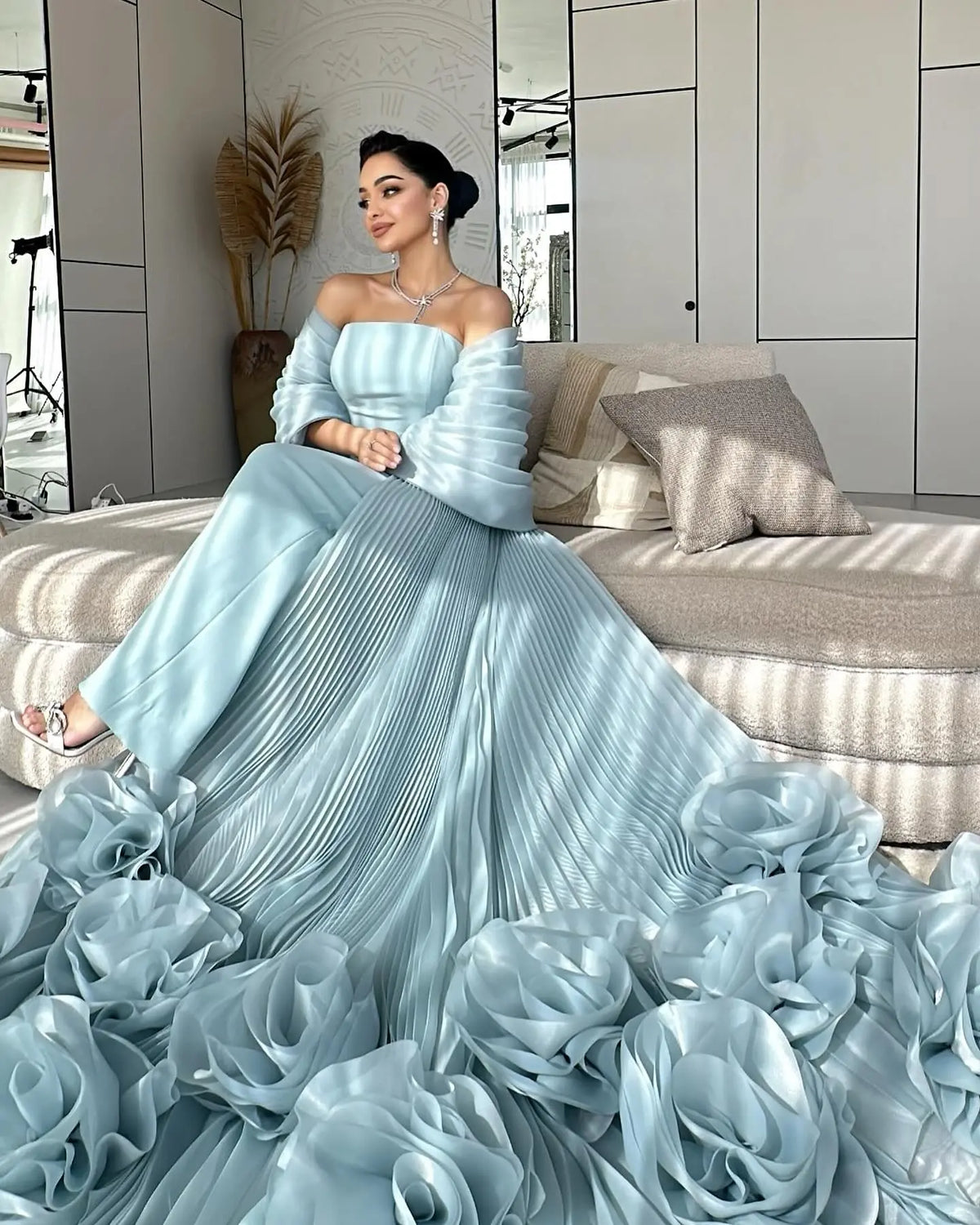 Luxury Strapless Pink Evening Dress with 3D Floral Overskirt SF485 