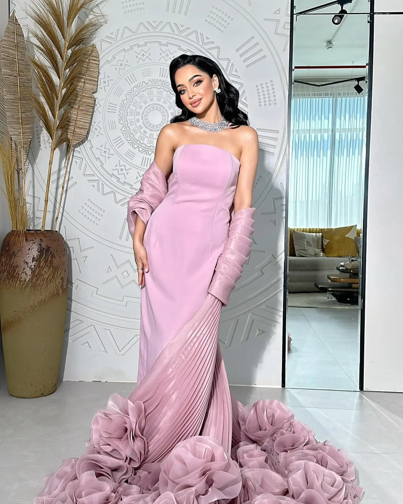 Luxury Strapless Pink Evening Dress with 3D Floral Overskirt SF485 