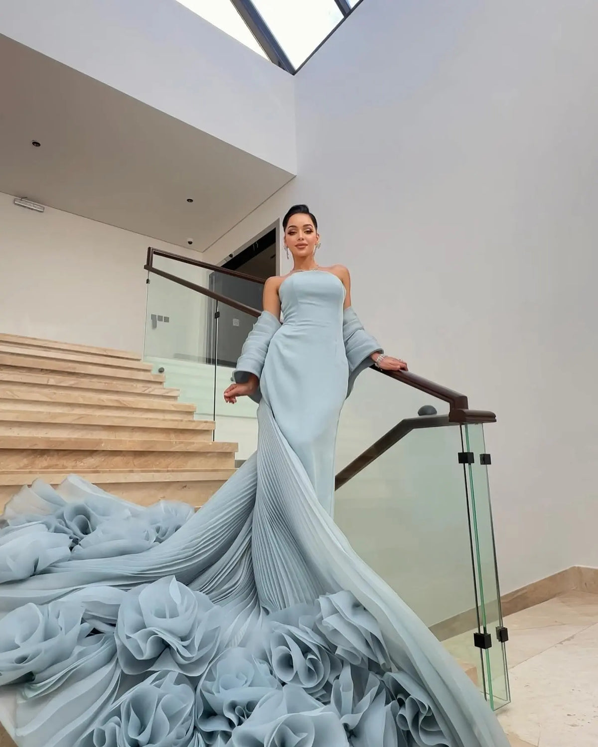 Luxury Strapless Pink Evening Dress with 3D Floral Overskirt SF485 