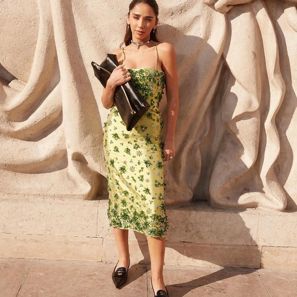 Luxury 3D Floral Beaded Short Green Spaghetti Evening Dress SS233 