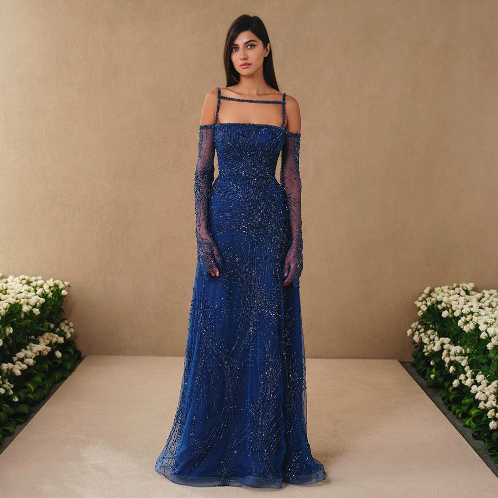 Sharon Said Arabic Navy Blue Evening Dress with Long Sleeves 2024 Luxury Beaded Dubai Women Wedding Guest Party Gowns SS396
