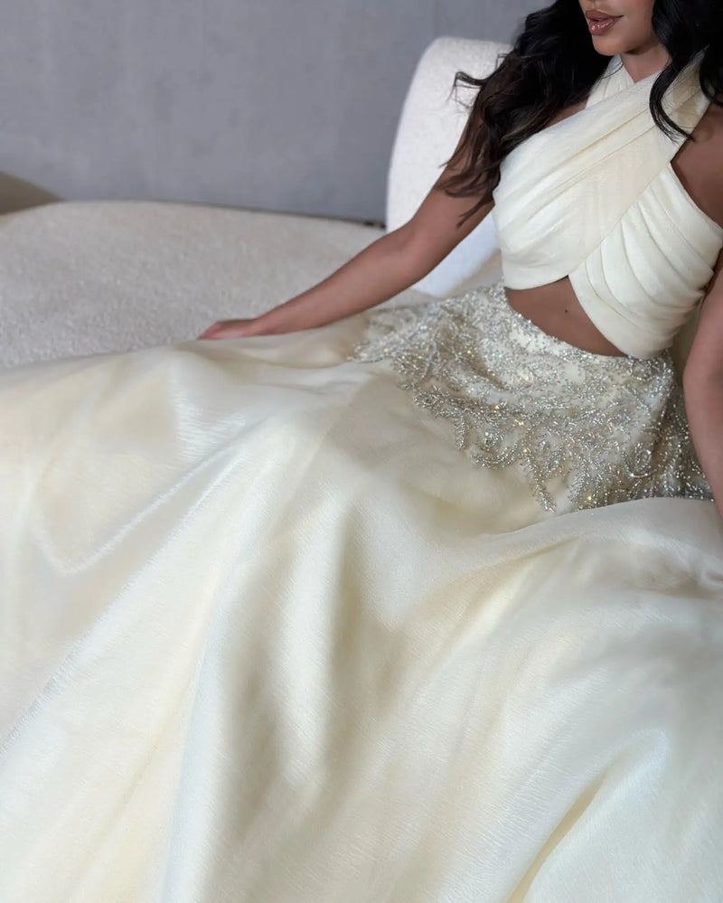 Luxury Crystal Halter Beige Evening Dress SS444 