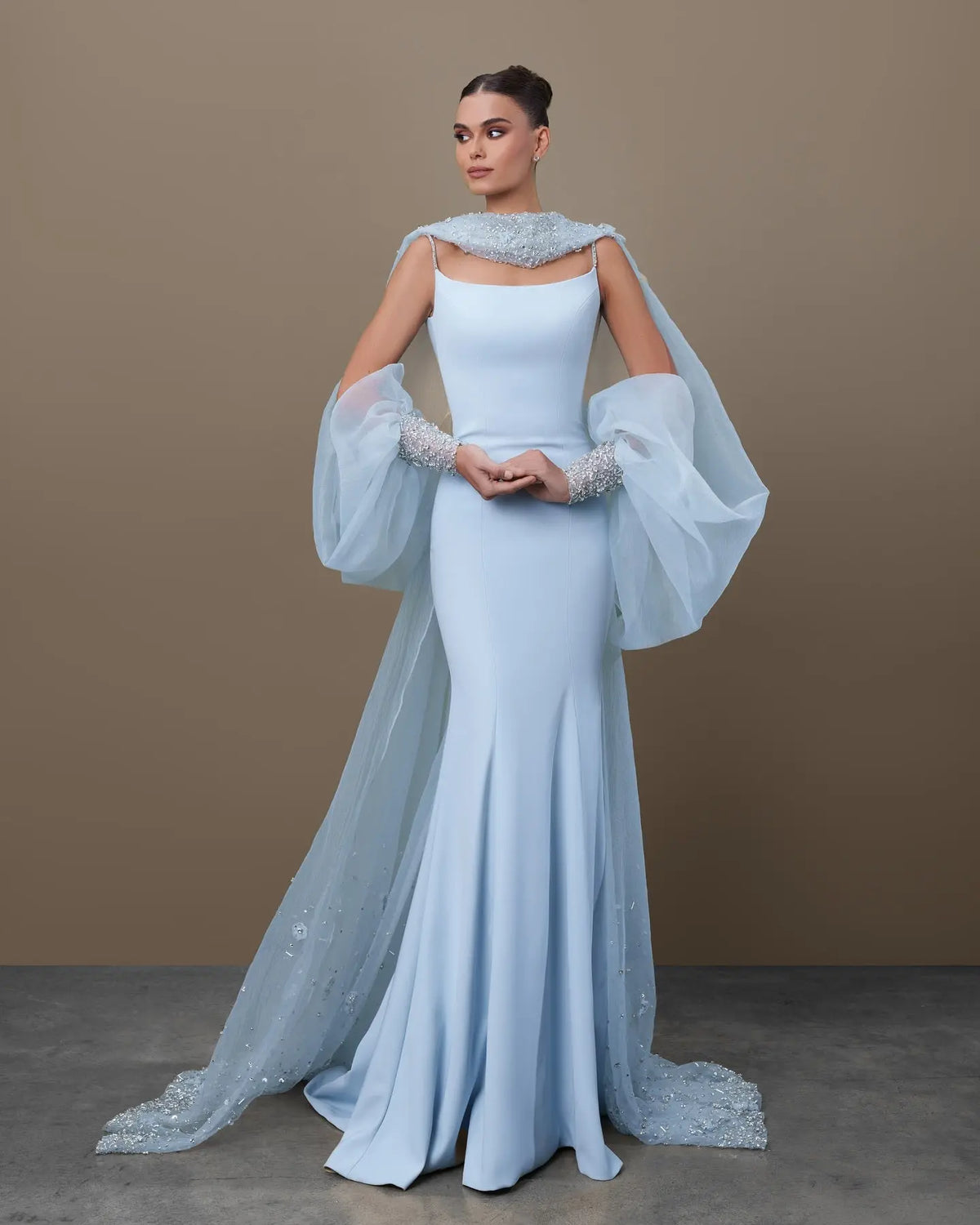 Dreamy Light Blue Satin with Sheer Cape Sleeves Evening Dress SS261 Light Blue / 6 Dreamy Light Blue Satin with Sheer Cape Sleeves Evening Dress SS261 Light Blue / 6