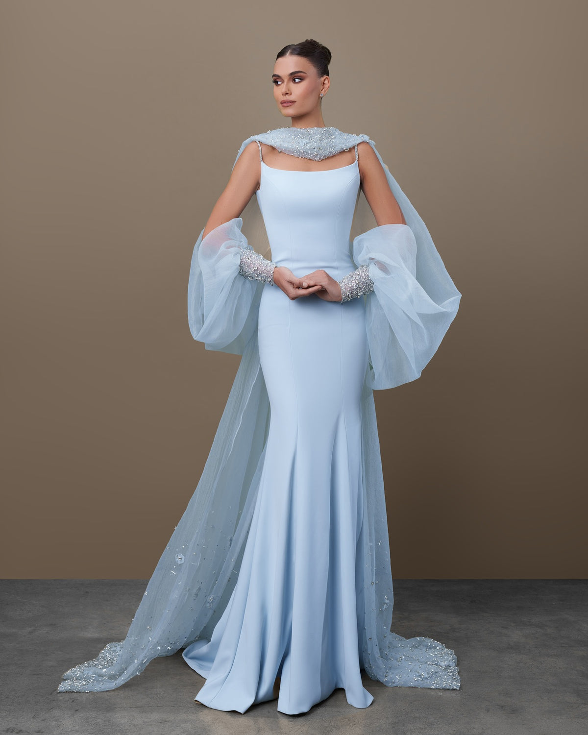 Elegant Light Blue Crystal Evening Dress with Puff Sleeves and Cape SS261 
