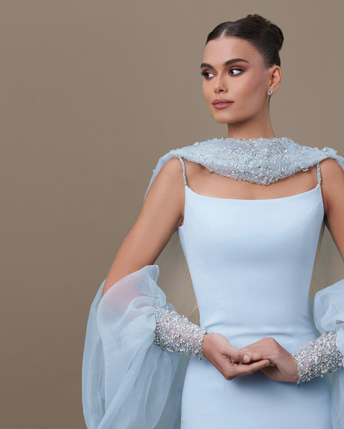 Elegant Light Blue Crystal Evening Dress with Puff Sleeves and Cape SS261 