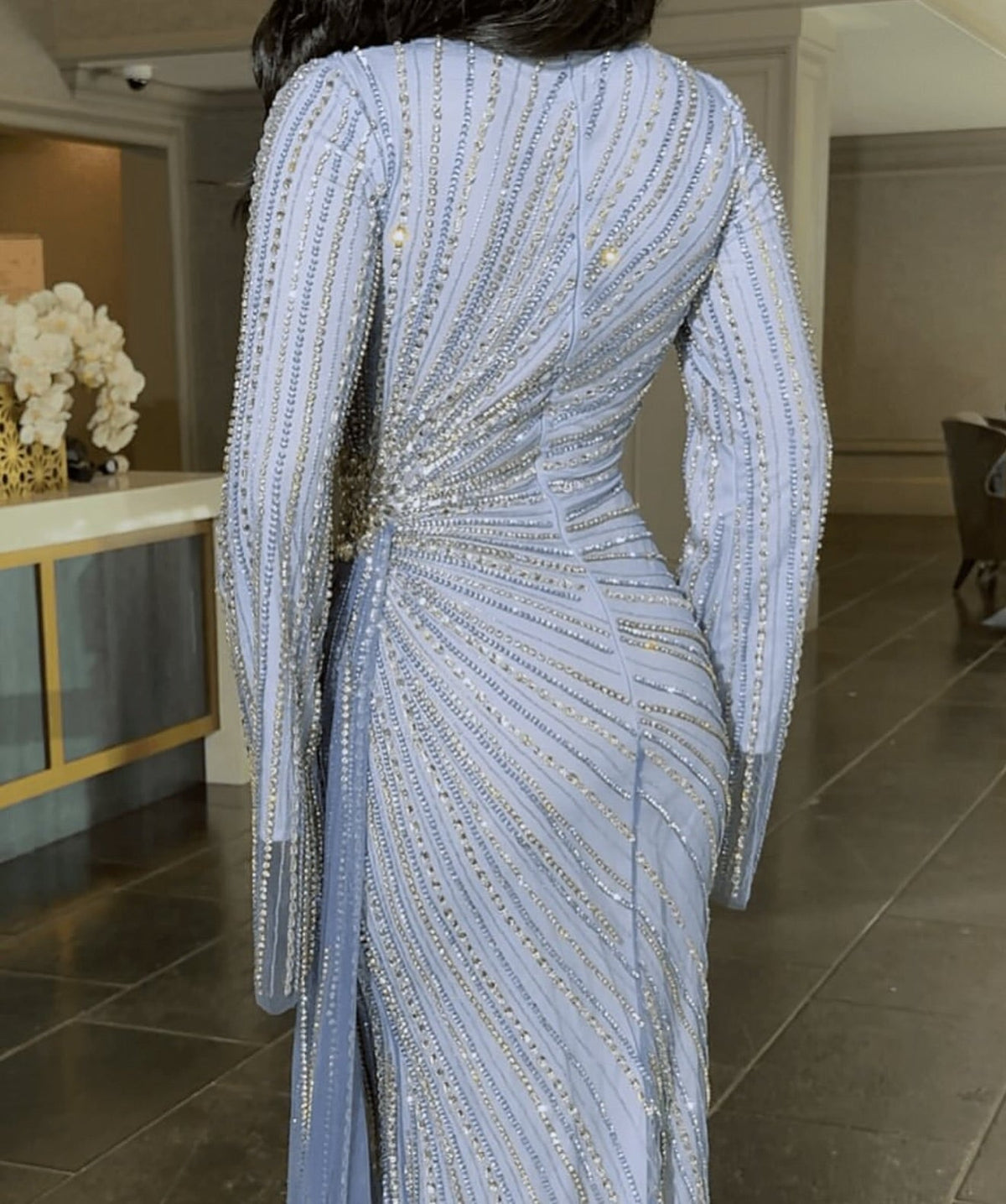 Luxury Beaded Gold Long Sleeves Evening Dress with Overskirt SS113