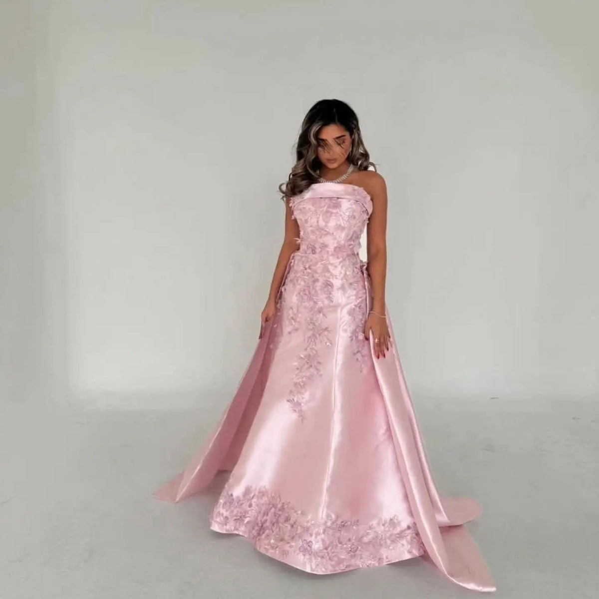 Luxury Pink 3D Floral Beaded Sequin Strapless Evening Dress with Overskirt XD067 