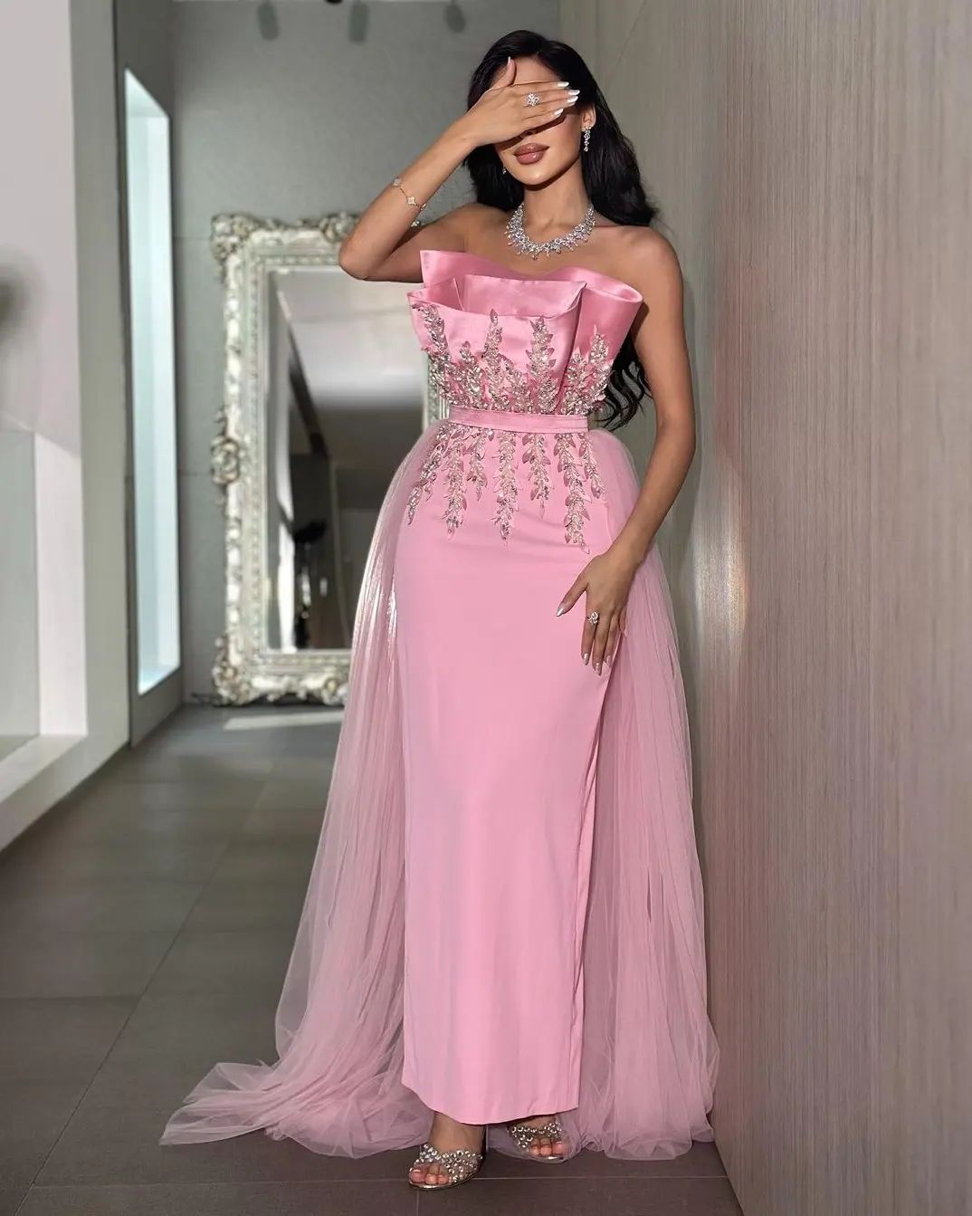 Elegant Pink Crystal Evening Dress with Overskirt SS213
