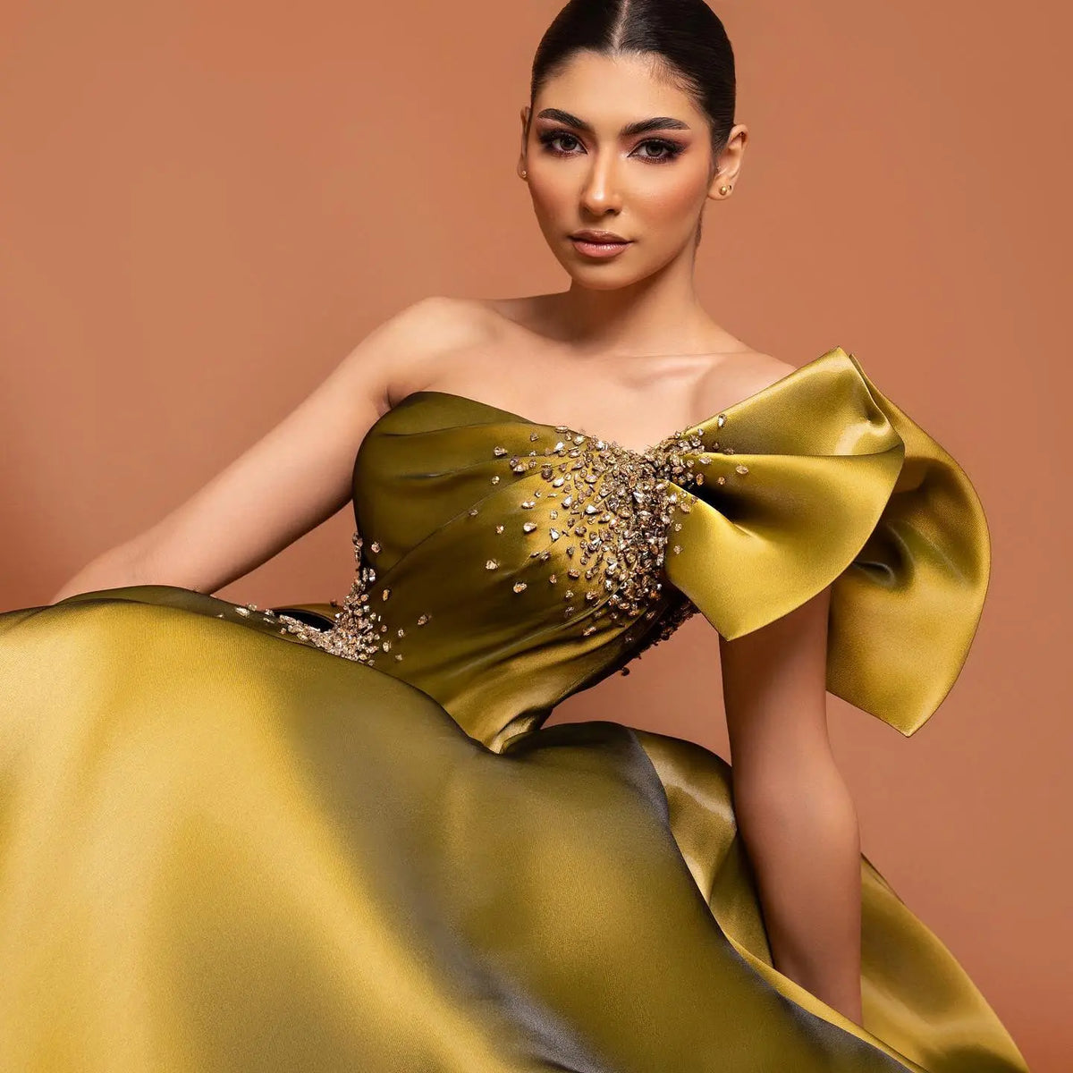 Elegant Gold One Shoulder Satin Evening Dress SS592 