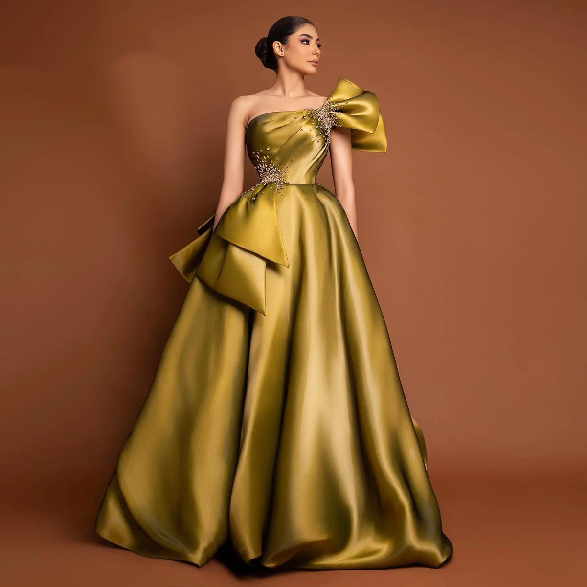 Final Sale Elegant Gold One Shoulder Satin Evening Dress SS592 Final Sale Elegant Gold One Shoulder Satin Evening Dress SS592