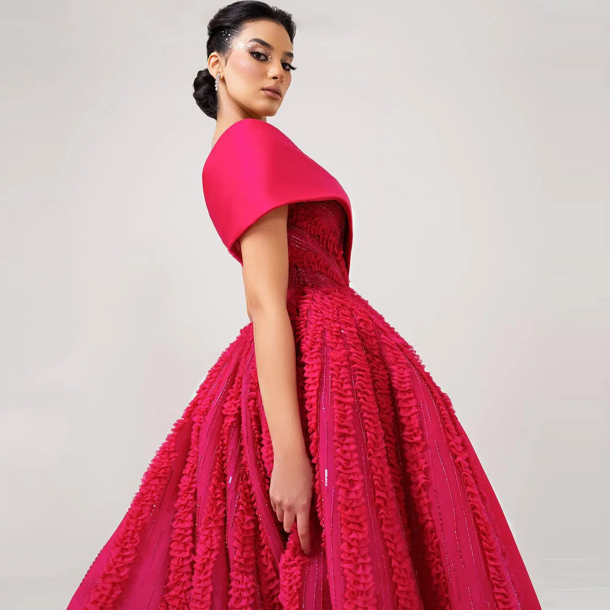 Luxury Fuchsia Beaded Textured Ball Gown Train Evening Dress XD042 