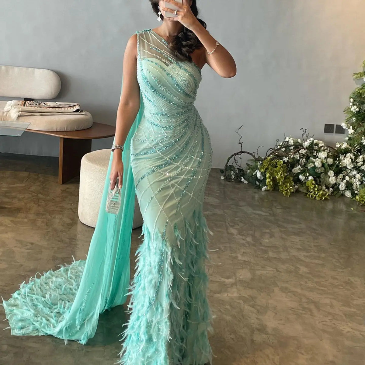 Luxury Feather Turquoise One Shoulder Evening Dress SS498 Luxury Feather Turquoise One Shoulder Evening Dress SS498