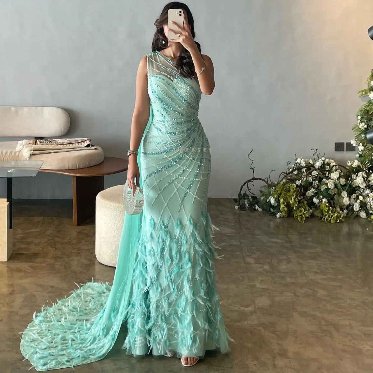Luxury Feather Turquoise One Shoulder Evening Dress SS498 Luxury Feather Turquoise One Shoulder Evening Dress SS498