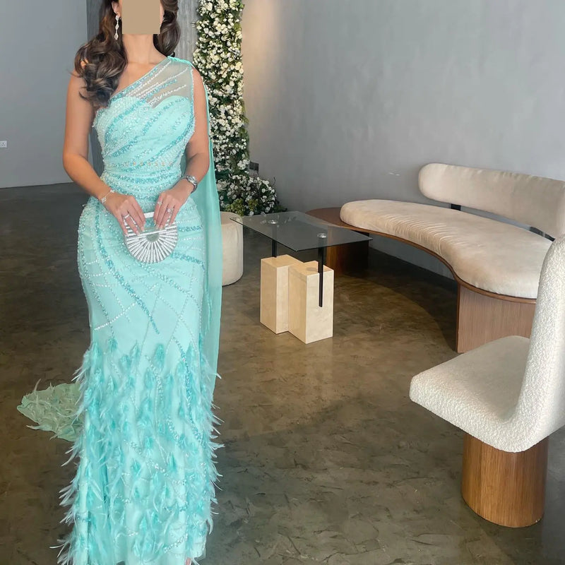 Luxury Feather Turquoise One Shoulder Evening Dress SS498 