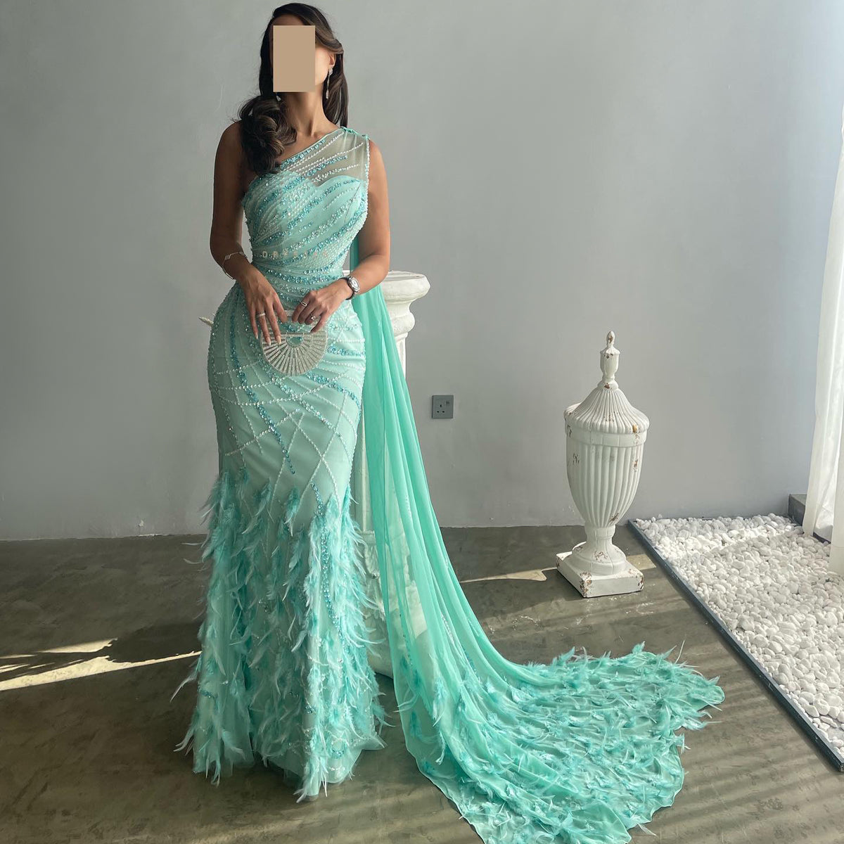 Sharon Said Luxury Feather Turquoise Aqua One Shoulder Mermaid Evening Dress with Cape Train Long Prom Wedding Party Gowns SS498